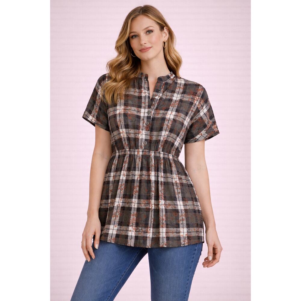 Decree Plaid Floral Button Front Shirt Sheer Cotton Cinched Waist Short Sleeve